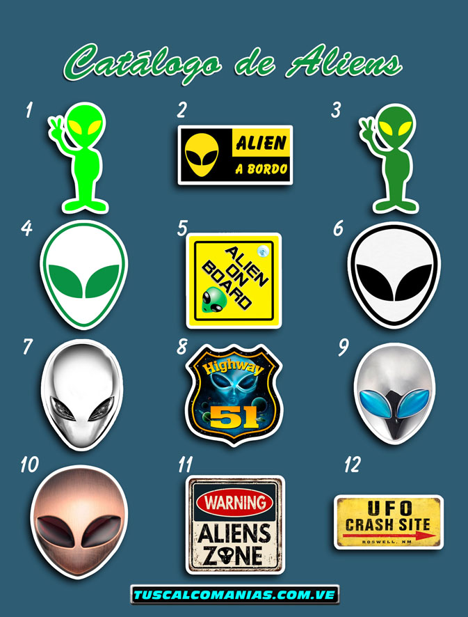 Calcomanias, stickers, pegatinas y etiquetas de Extraterrestres, Ovnis, UFO, Marcianos