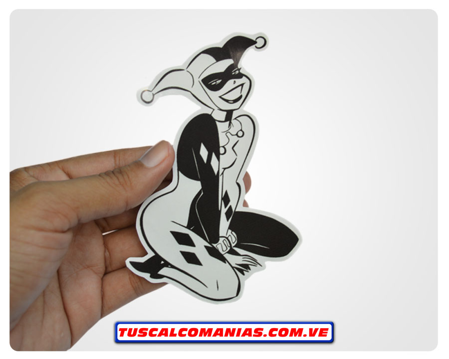 Calcomanía, sticker, pegatina, etiqueta de Harley Quinn en blanco y negro